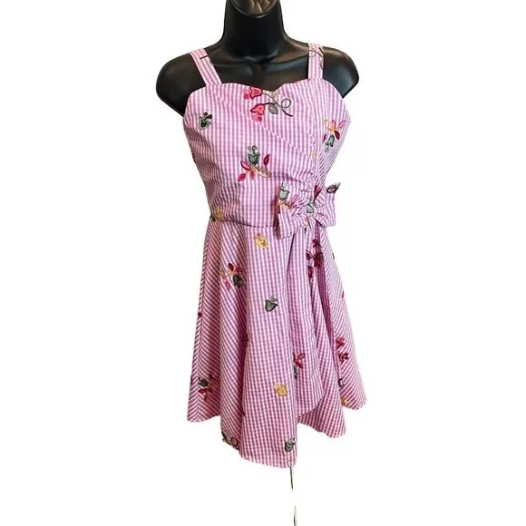 Vintage Y2K Rare Editions Pink White Gingham Fit and Flare Embroidered Dress - Picture 1 of 11